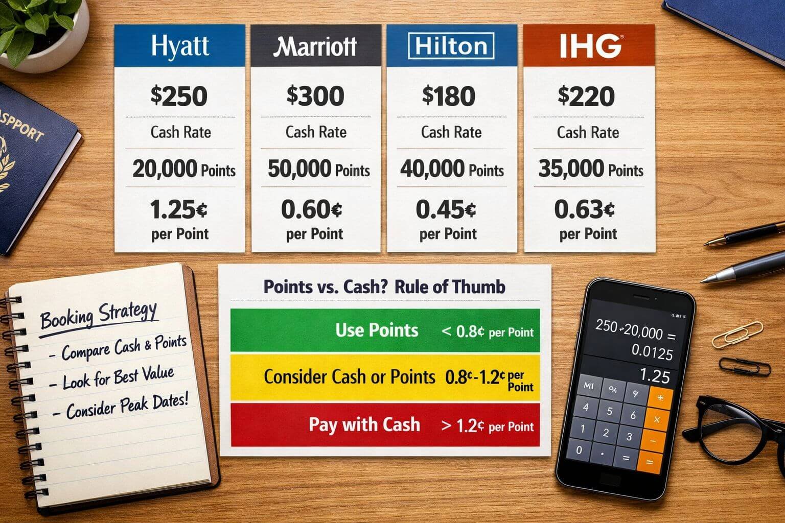 Landscape editorial infographic image, , focused on chain-by-chain dynamic hotel award pricing comparison. Create a clean
