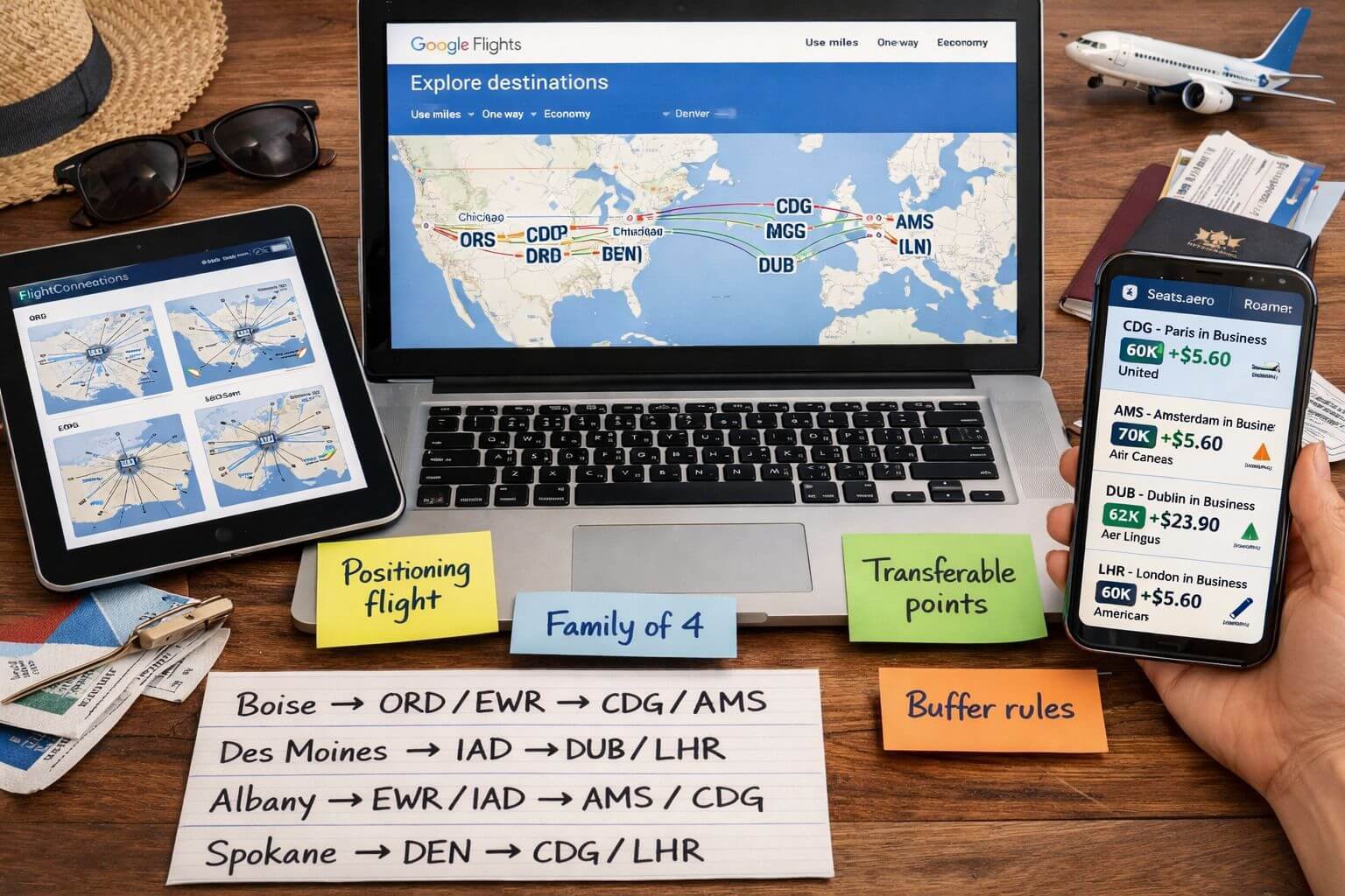 Editorial infographic scene focused on route planning and search tools for families who want to book award flights to Europe
