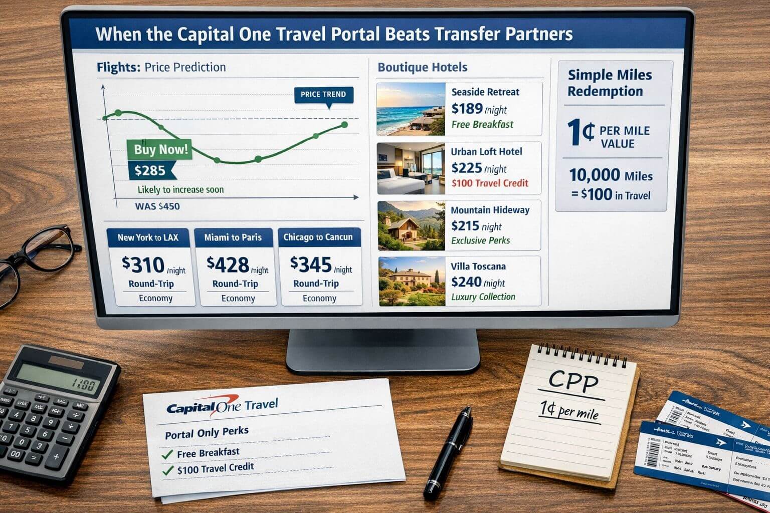 () editorial infographic scene focused on when the Capital One Travel portal beats transfer partners. Show a computer