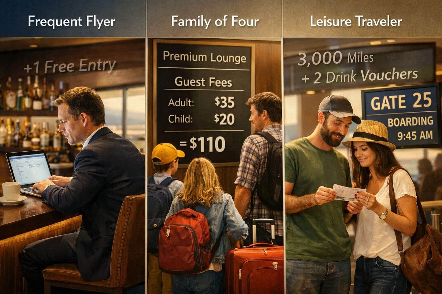 Are Premium Travel Cards Still Worth It in 2026 After Lounge Cutbacks? Detailed landscape format (1536x1024) conceptual illustration showing three distinct traveler archetypes at an airport: a solo business trav