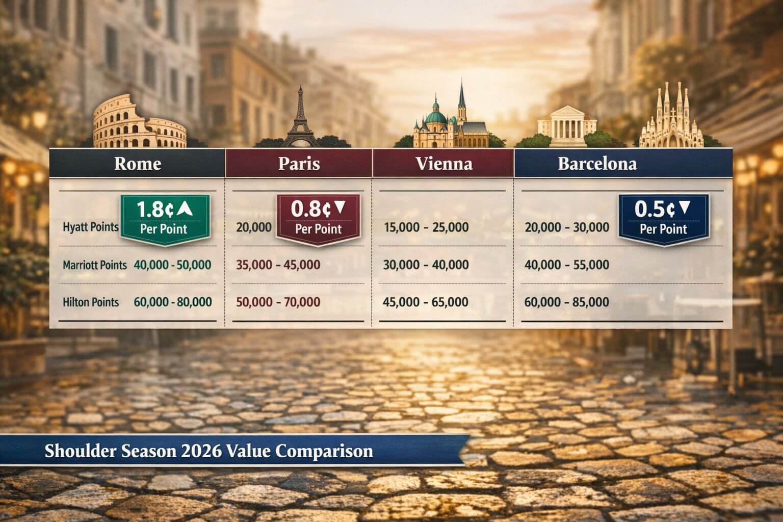 Hyatt vs Marriott vs Hilton in 2026: Best Hotel Program for Europe City Trips Detailed landscape format (1536x1024) editorial comparison table visual for four European cities—Rome, Paris, Vienna, Barcelona—displayed as