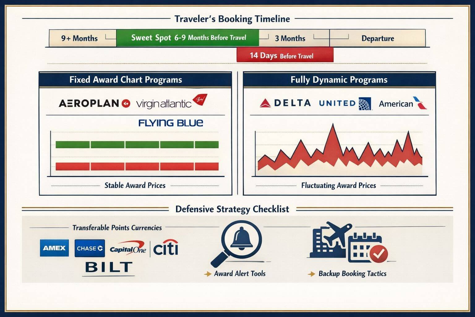 Landscape format (1536x1024) strategic decision framework illustration showing a traveler's booking timeline calendar with highlighted windo