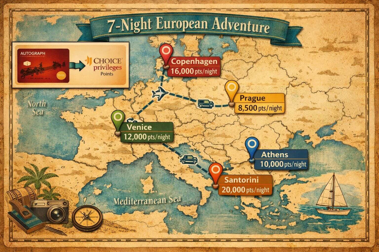 Landscape format (1536x1024) editorial illustration of a 7-night European travel itinerary map showing a route through Scandinavia, Central 