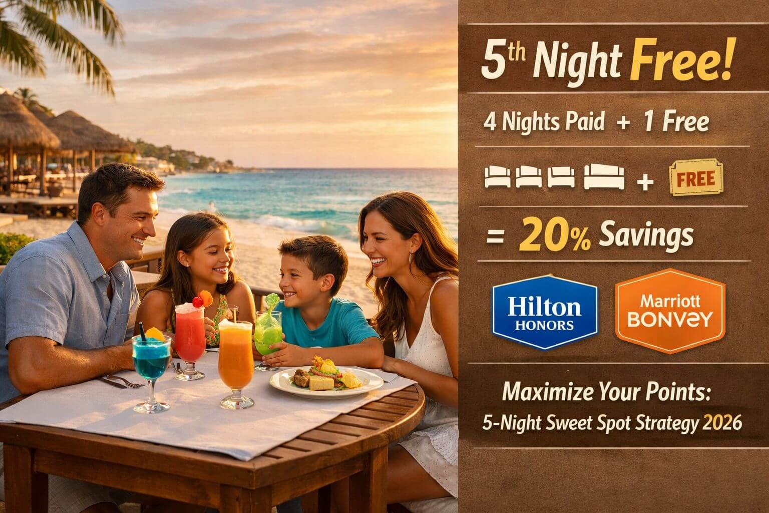 Landscape format (1536x1024) editorial image showing a family of four at a Caribbean all-inclusive resort &mdash; parents and two children at a be