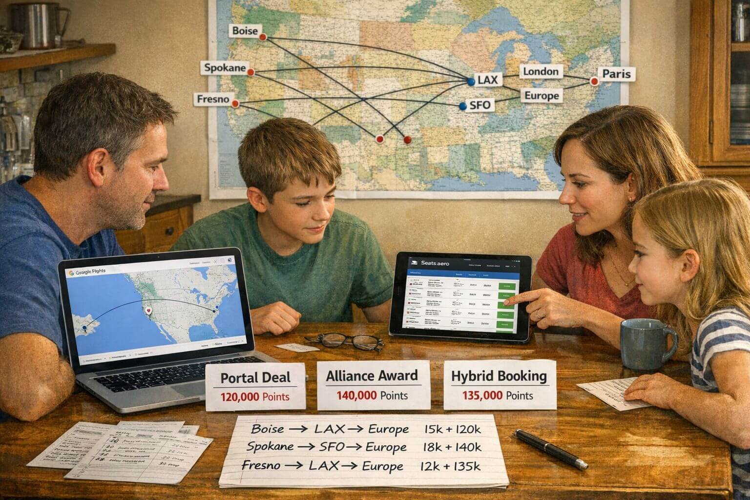 When to Book Summer 2026 Award Flights to Europe from the West Coast Professional realistic travel-planning scene showing a family of four at a kitchen table comparing three Europe award