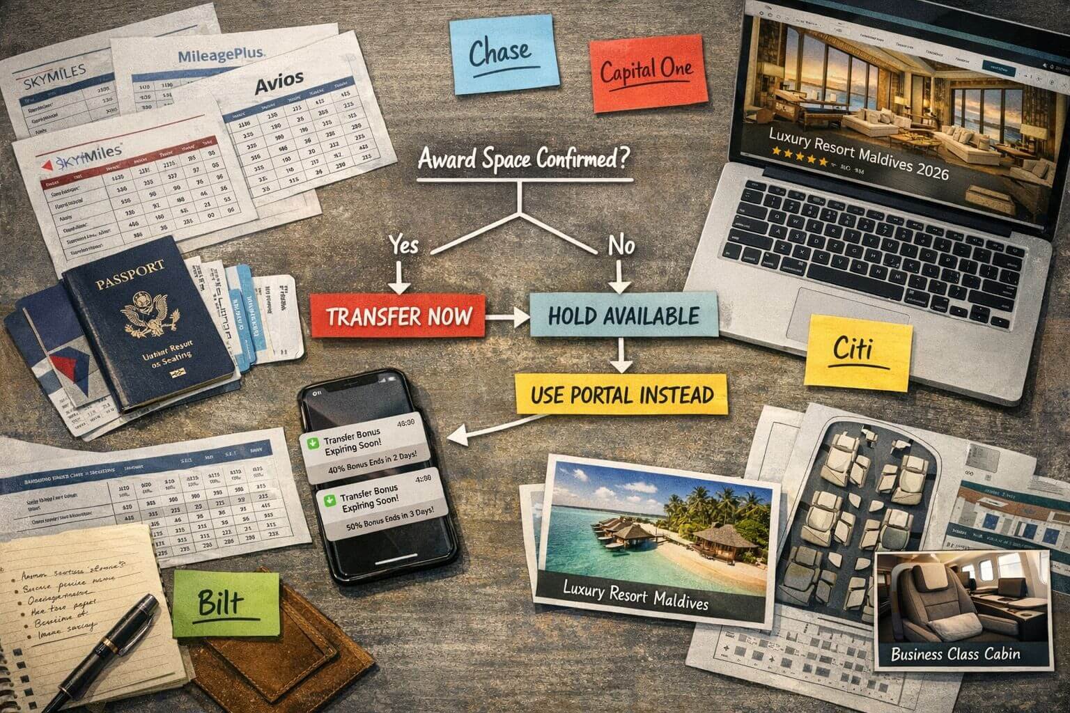 Landscape editorial scene () illustrating smarter timing across all banks for stacking transfer bonuses 2026 with a