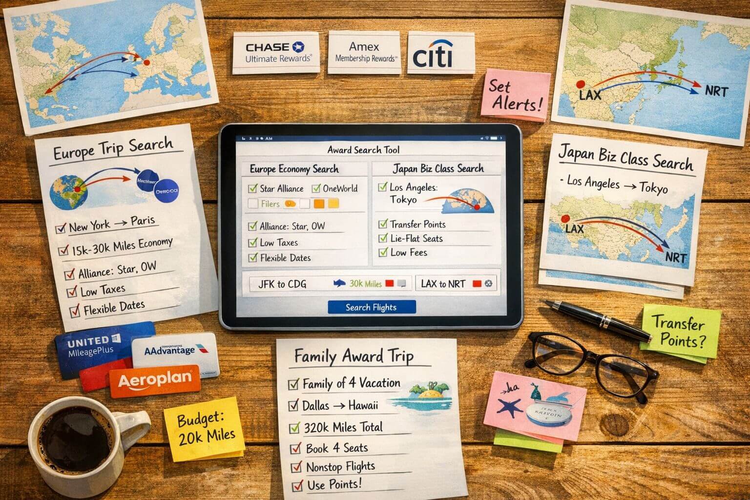 Editorial travel-planning image centered on real-world award search examples using the best award search tools. Show a