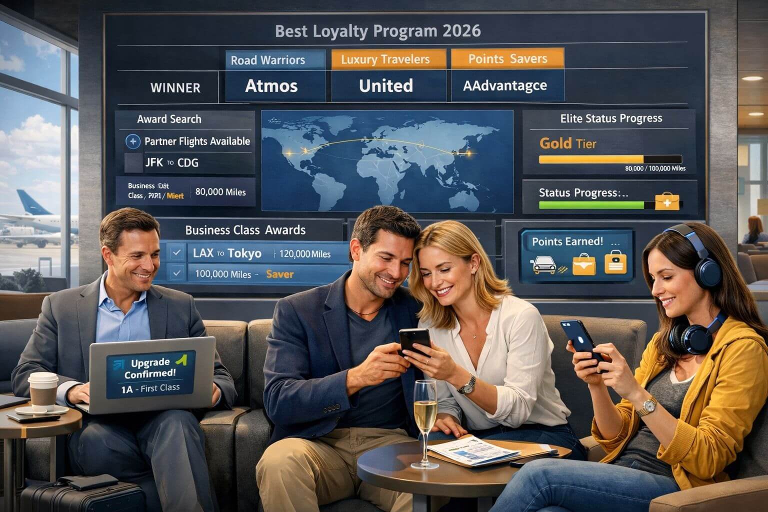 Best Airline Loyalty Program 2026: Atmos vs United vs AAdvantage Concept illustration focused on traveler profiles choosing the best airline loyalty program 2026. Show three different