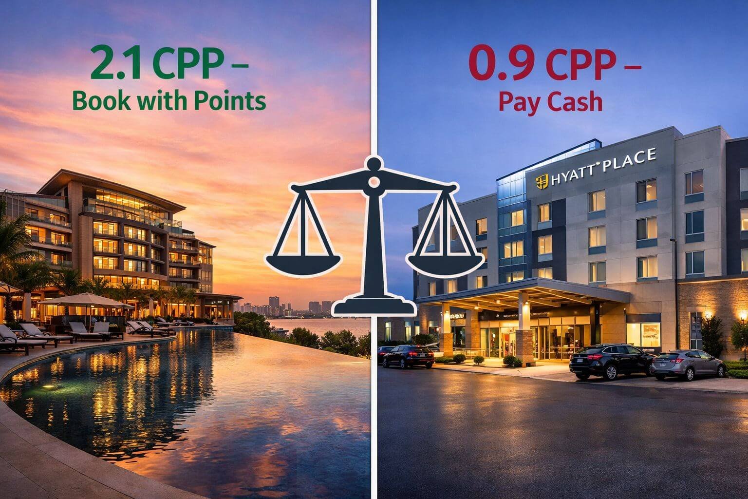 Detailed () conceptual image showing a split-screen decision framework. Left side shows a luxury Park Hyatt hotel exterior