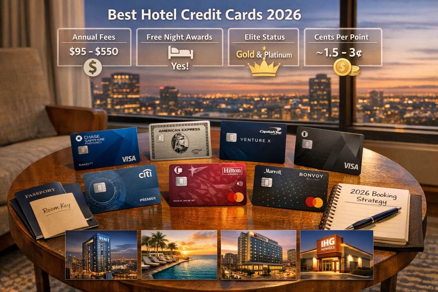 Editorial comparison tableau for best hotel credit cards 2026 with eight different premium and mid-tier travel cards