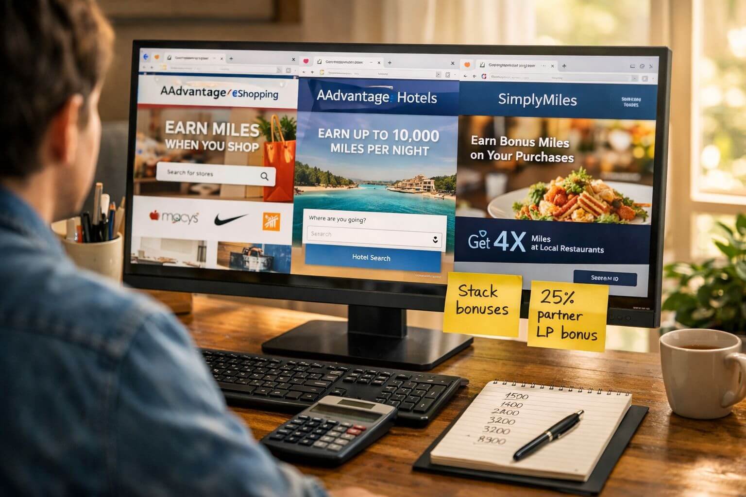 Detailed () conceptual illustration of a person sitting at a home office desk with multiple browser tabs visible on a large