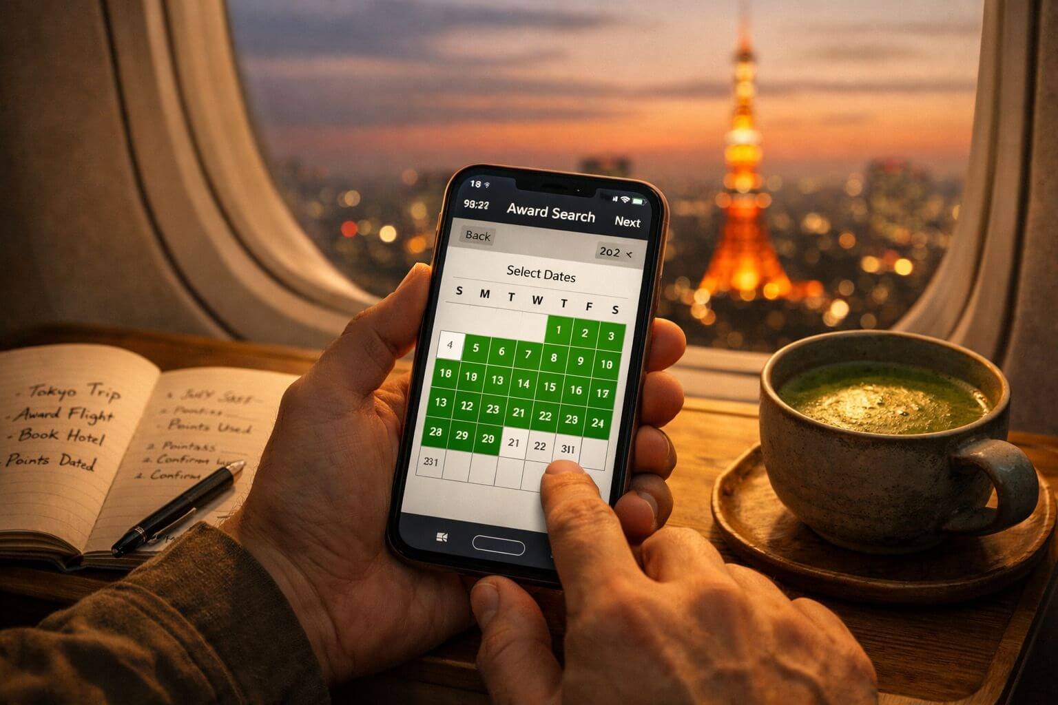 () editorial photograph of a traveler's hands holding a smartphone displaying an award search tool calendar with green