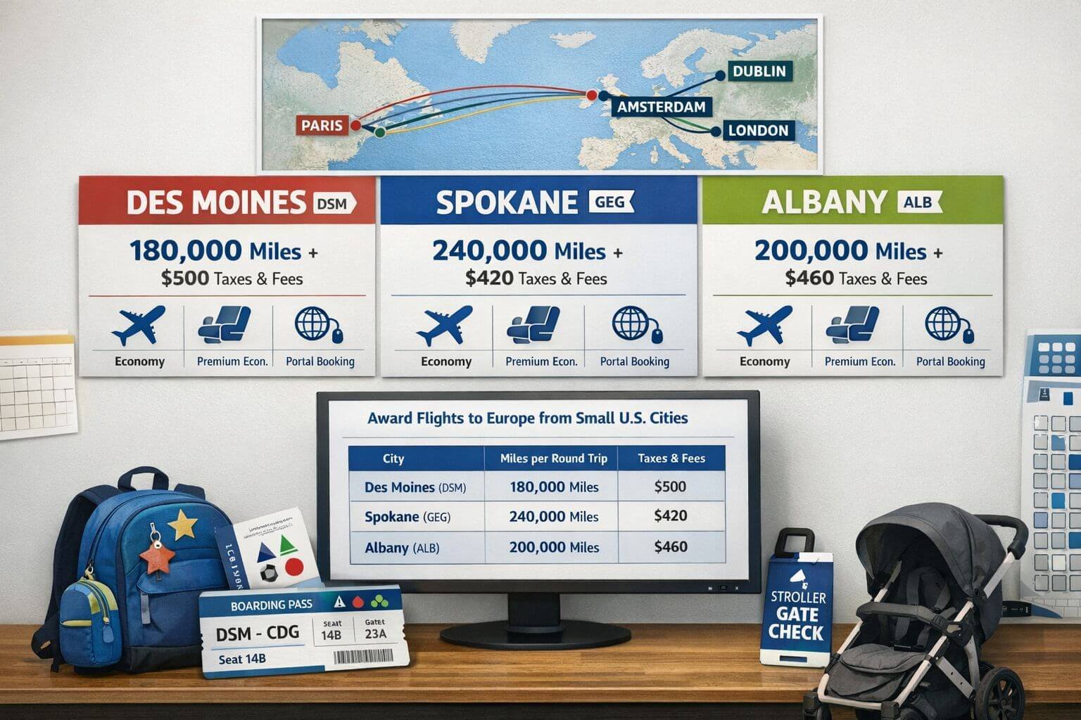 Editorial comparison graphic showing three family-friendly Europe award booking scenarios from non-hub U.S. cities. Visual