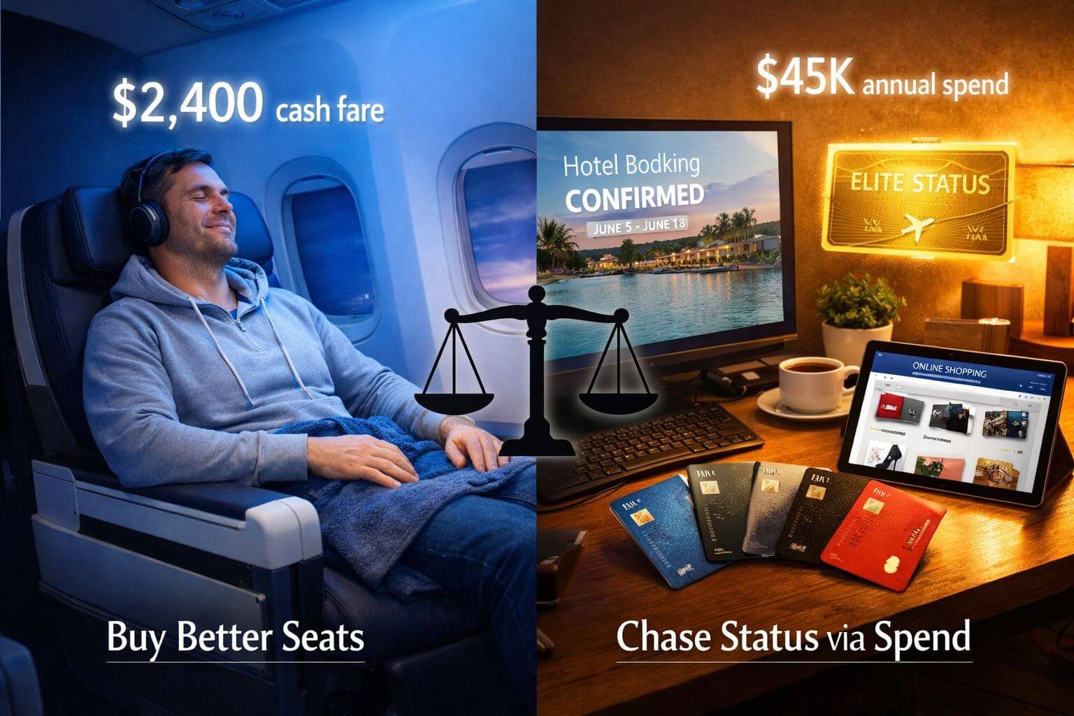 Detailed () split-screen comparison image. Left half shows a traveler relaxed in a premium economy seat with price tag