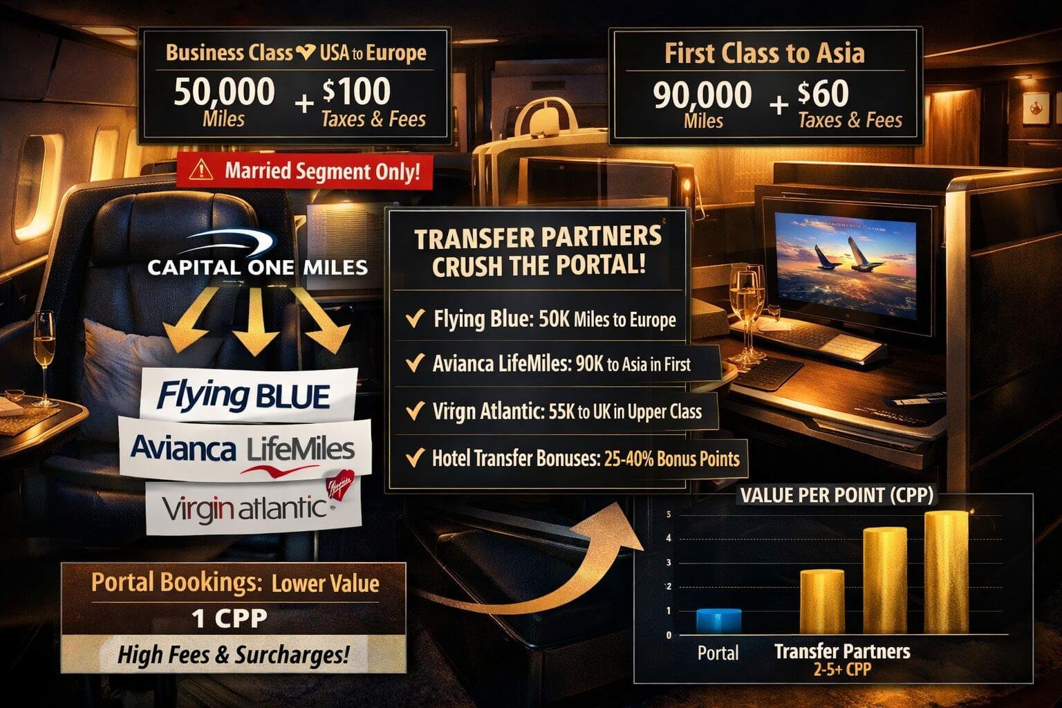 () editorial comparison image focused on when transfer partners crush portal redemptions. Show a dramatic premium cabin