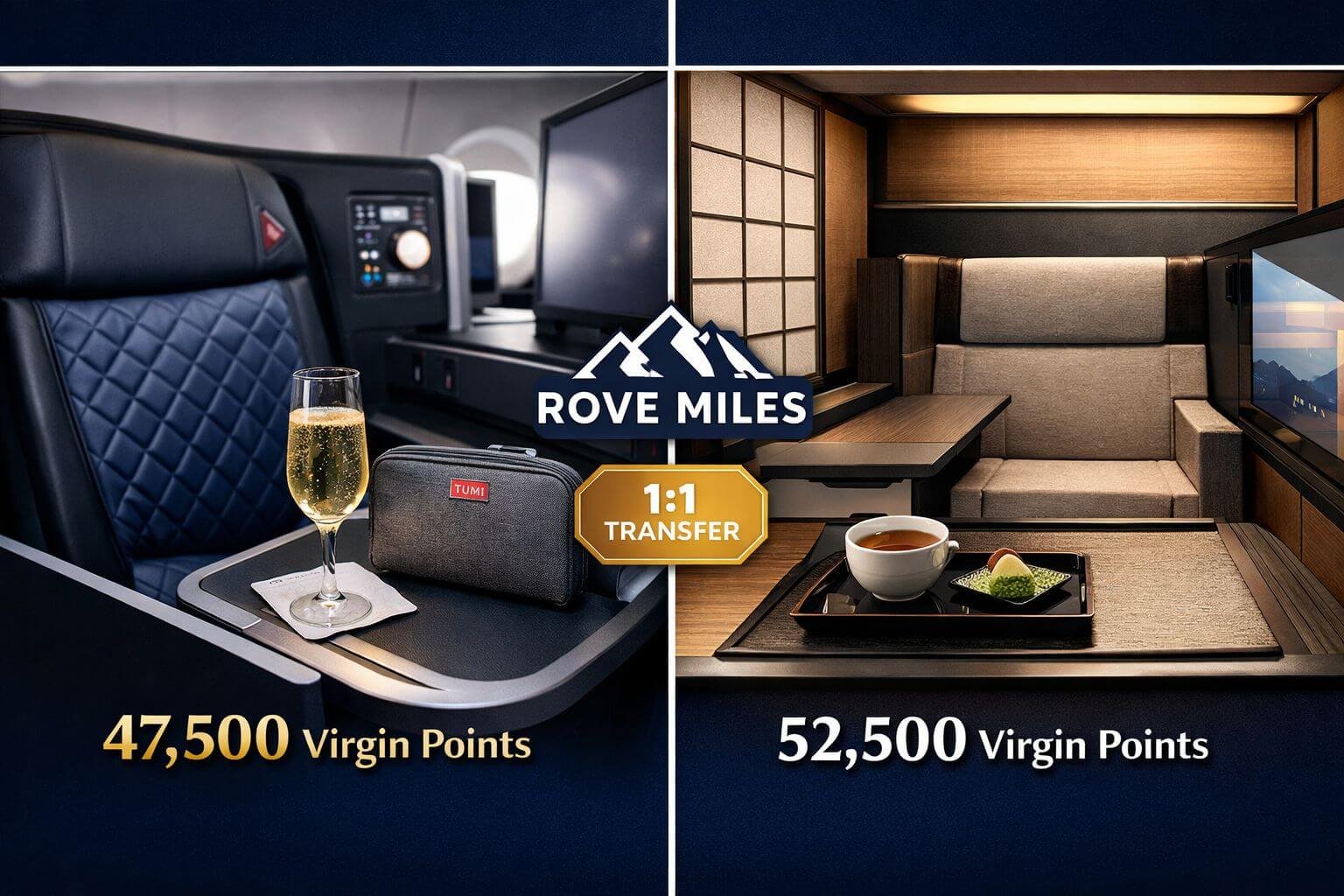 Virgin Atlantic Flying Club Is Now a Rove Miles Transfer Partner - Here's What to Book () split-screen comparison visual: left side shows a sleek Delta One business class flat-bed seat with champagne glass and