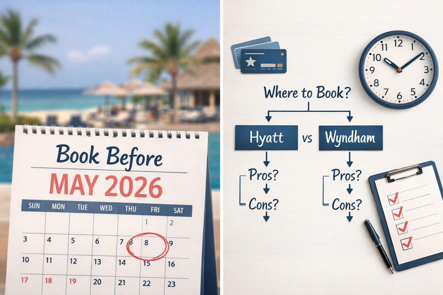 () split-screen conceptual image: left side shows a calendar page marked 'Book Before May 2026' with a Mexican beach resort