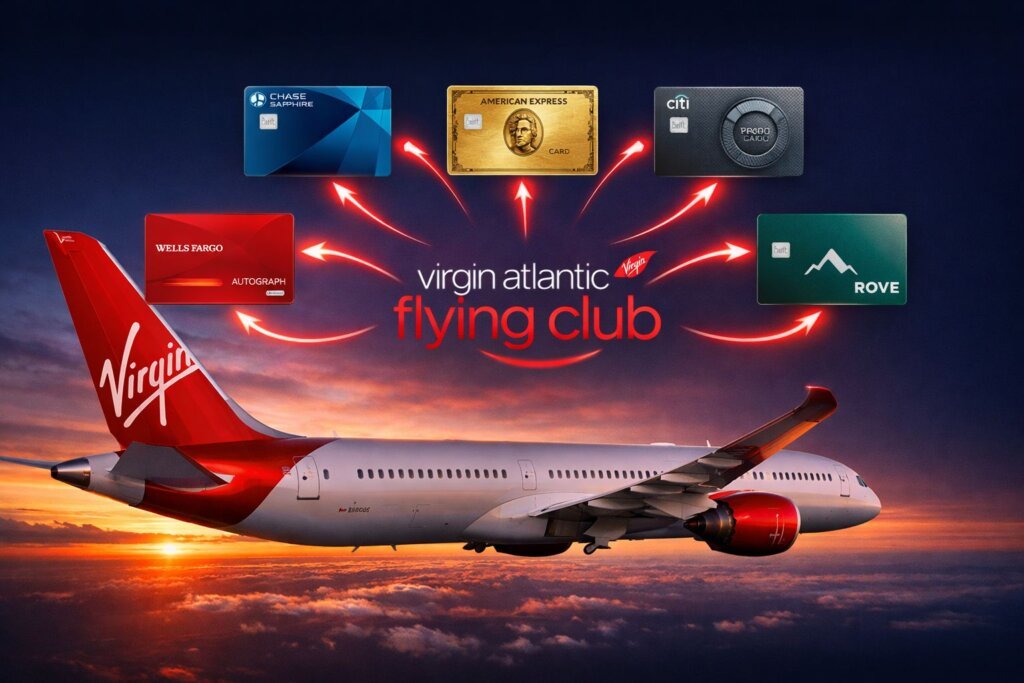 A Virgin Atlantic airplane flies against a sunset sky. Above it, five credit cards point with red arrows to the Flying Club logo, illustrating the various transfer partners that help you earn or move points to Virgin Atlantic&rsquo;s loyalty program.