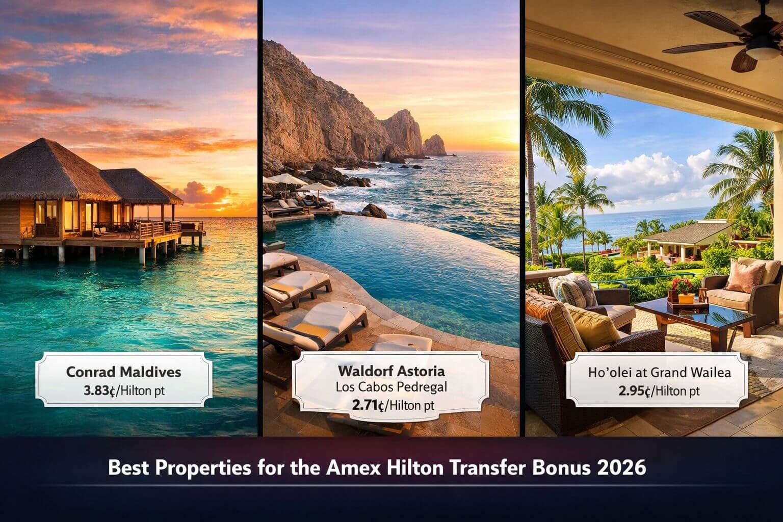 Dramatic wide-angle landscape () split-panel comparison of three luxury hotel properties: left panel shows Conrad Maldives
