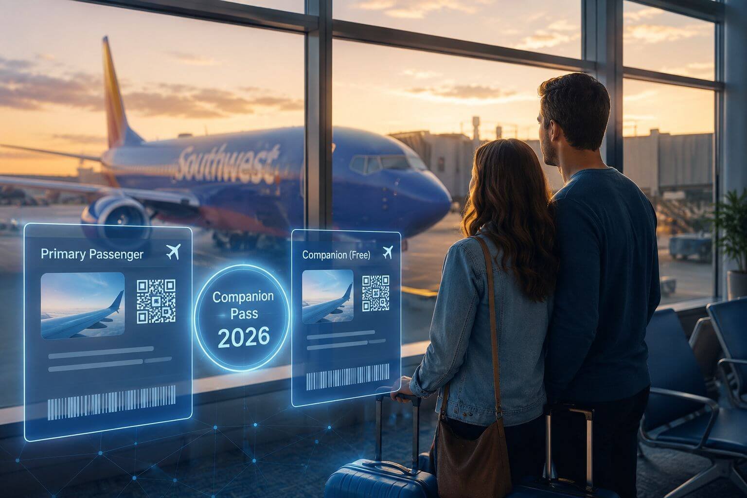 Landscape conceptual image of a couple standing at an airport gate window watching a Southwest 737 board, with overlaid