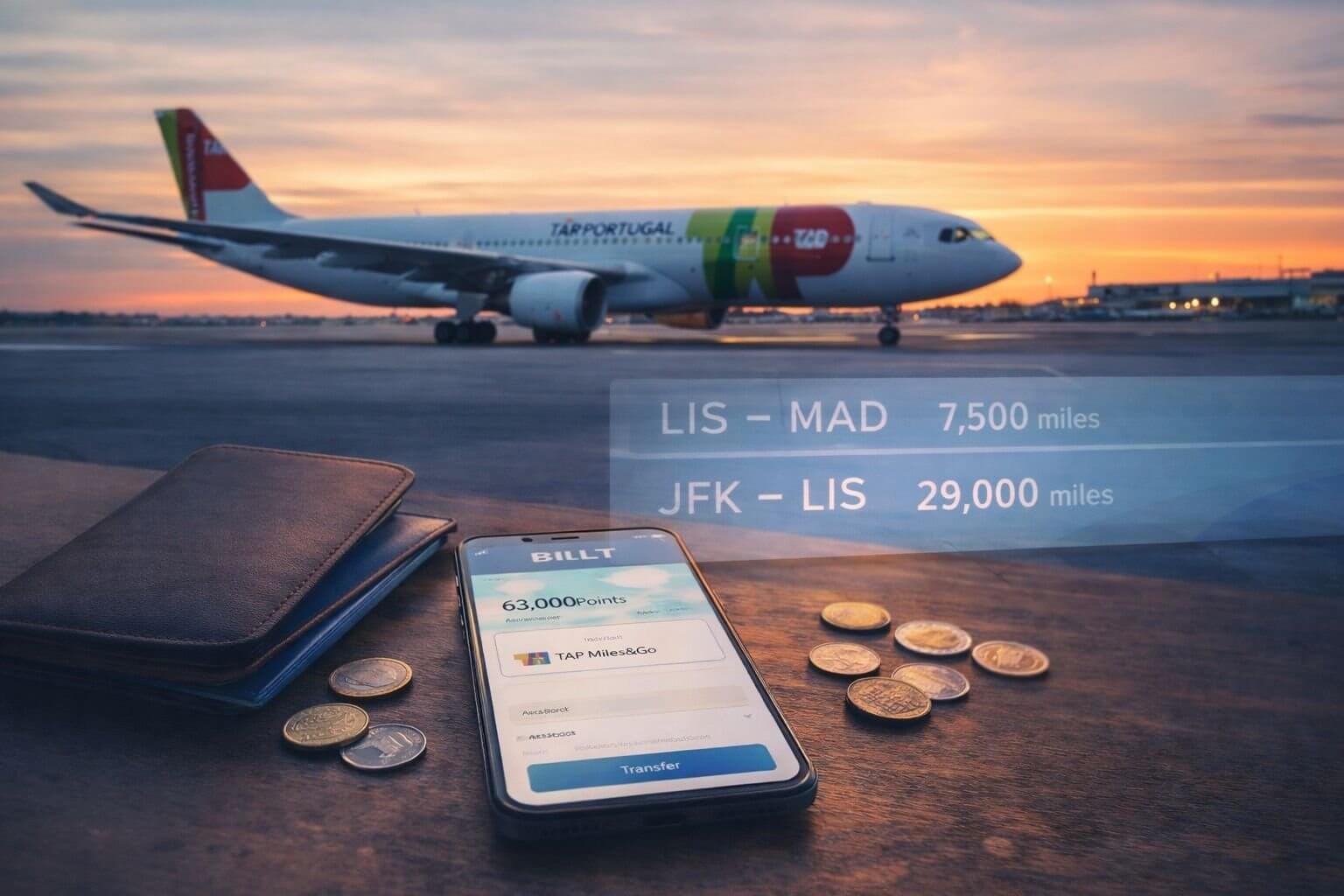Landscape conceptual travel photography image showing a TAP Air Portugal Airbus A330 aircraft on tarmac at golden hour in
