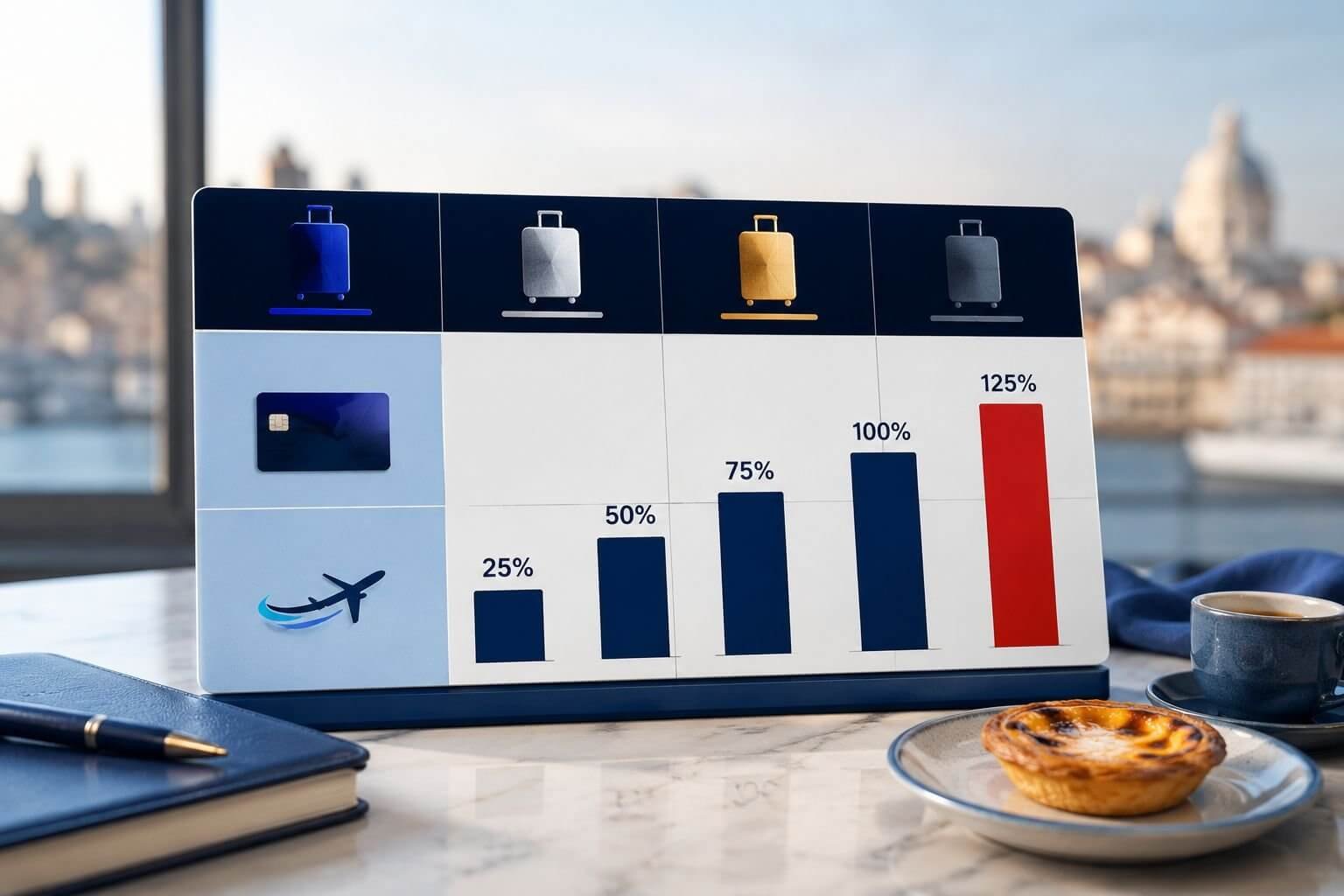 Landscape infographic-style image showing a clean comparison table mockup on a desk surface, displaying Bilt status tiers