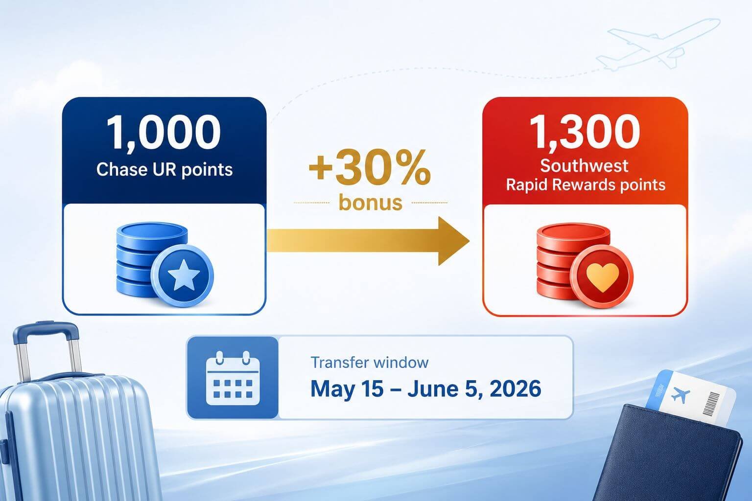Landscape infographic-style image showing a clean visual flow diagram: '1,000 Chase UR points' icon on the left, an arrow