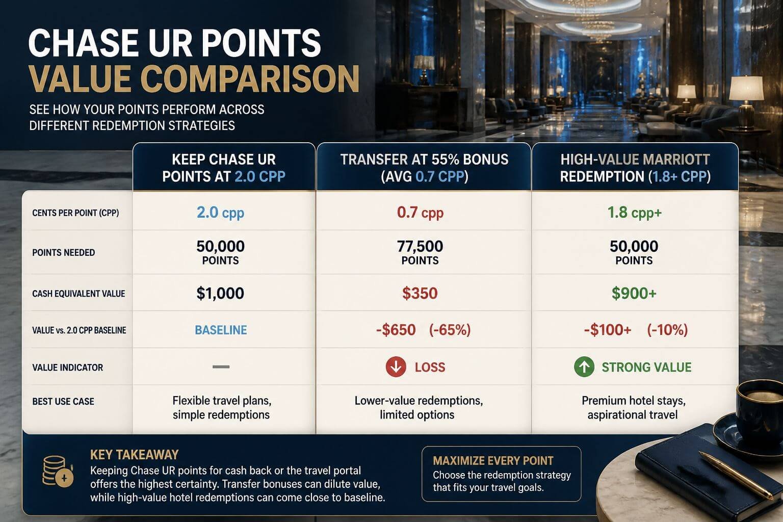 () detailed financial comparison table visualization rendered as a magazine spread. Shows three columns: 'Keep Chase UR
