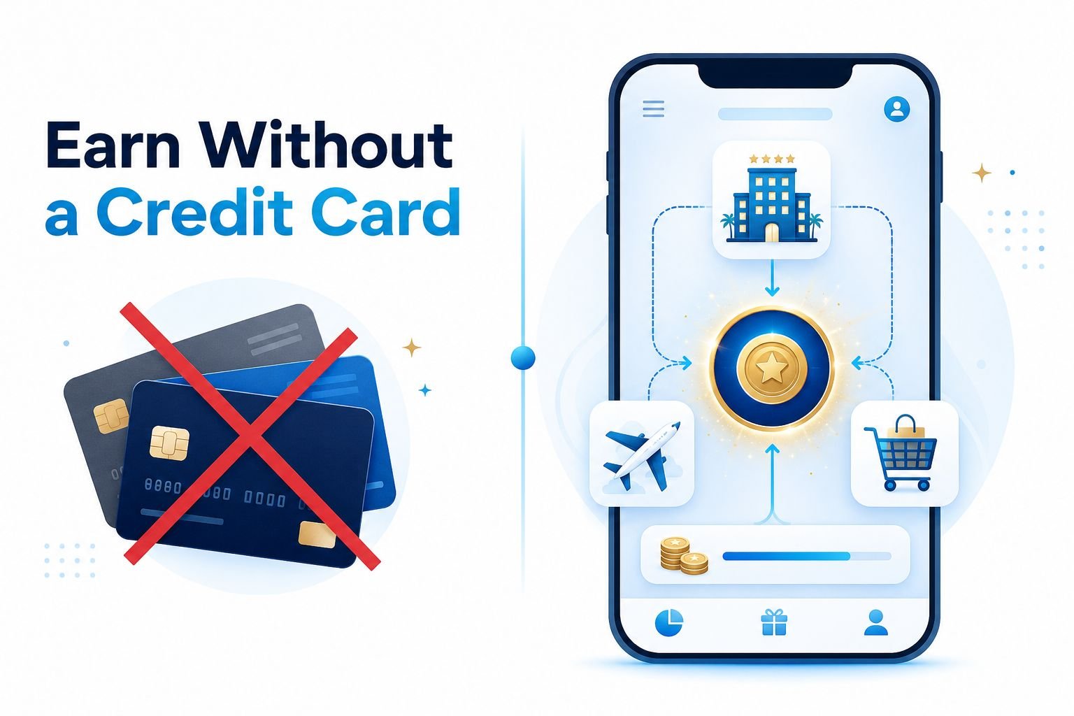 () infographic-style illustration showing a split-screen concept: on the left, a stack of credit cards crossed out with a