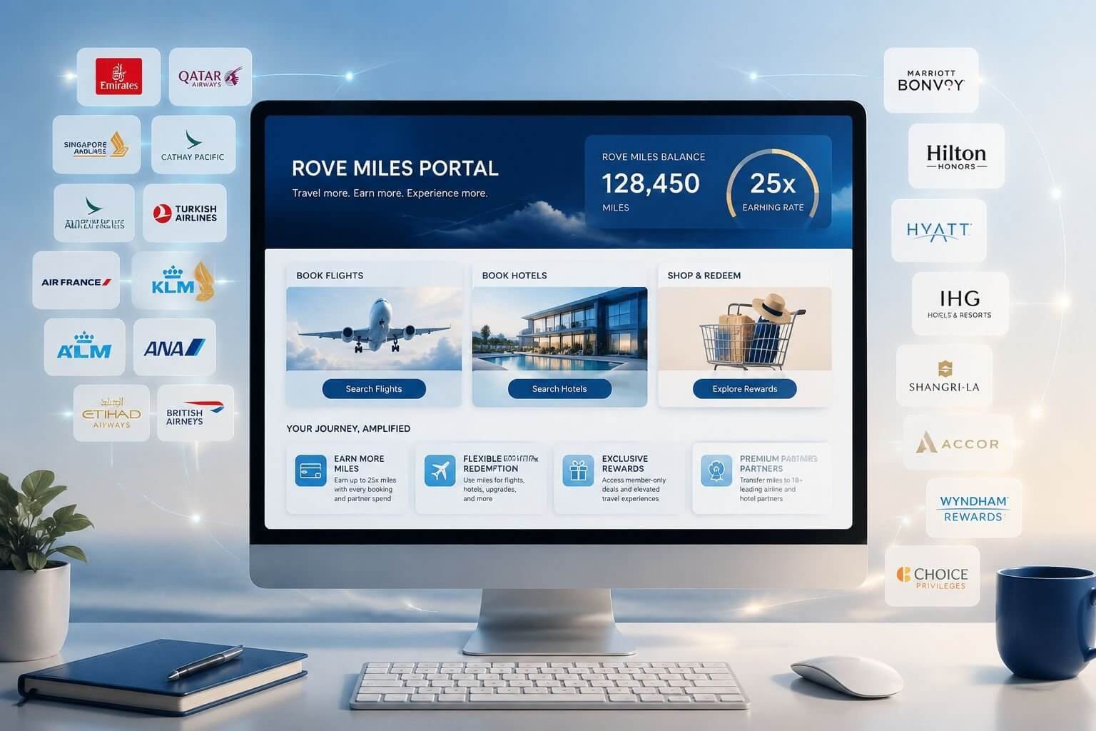 () infographic-style illustration showing the Rove Miles portal interface on a desktop screen with a shopping cart icon,