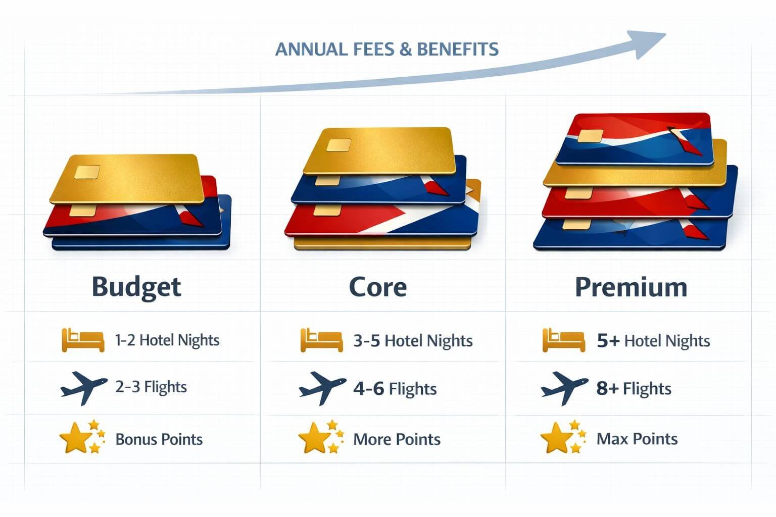 Detailed () infographic-style image showing three credit card stack configurations arranged left to right labeled 'Budget,'