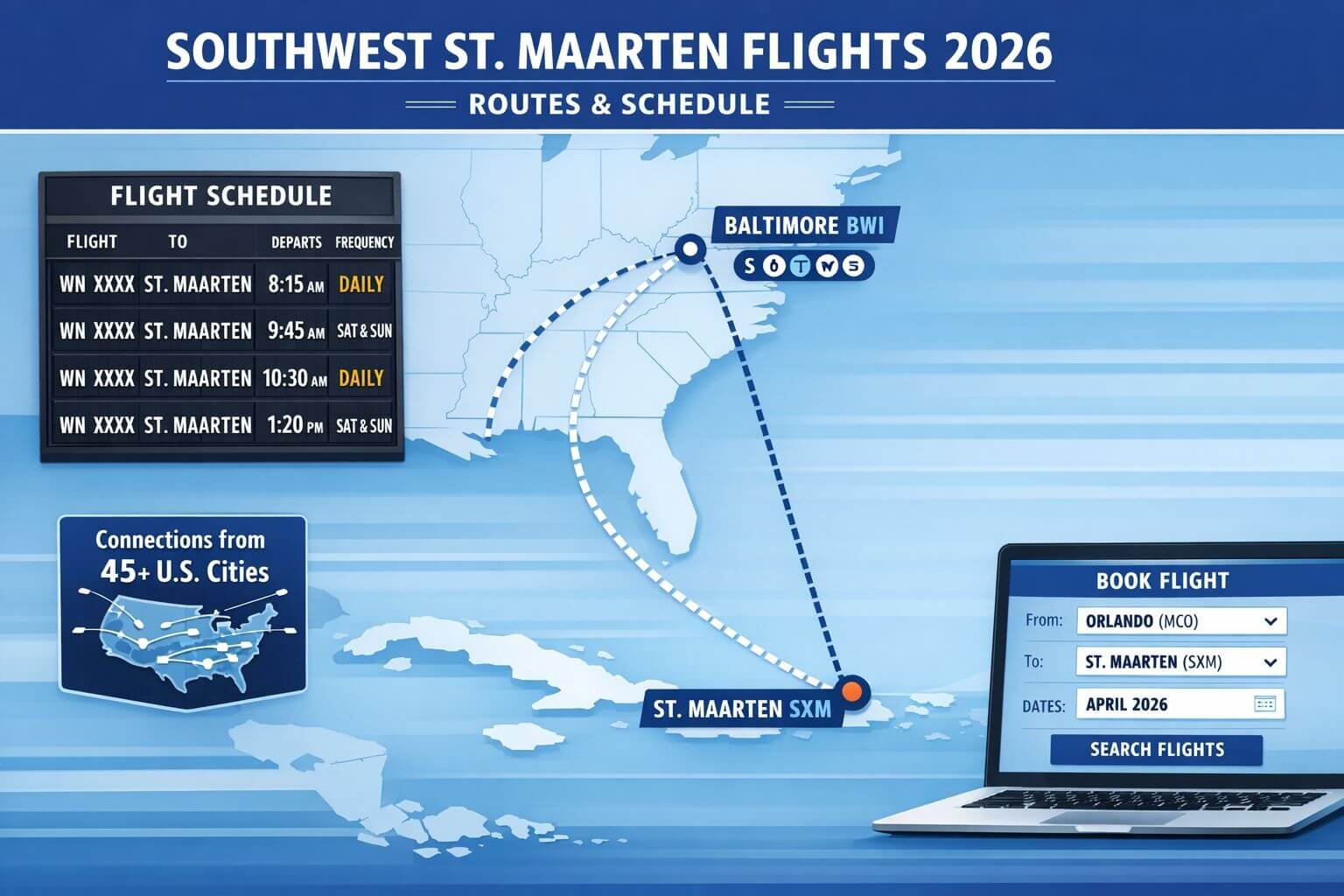 Infographic-style editorial image focused on Southwest St. Maarten flights 2026 route details and schedule. Show a clean