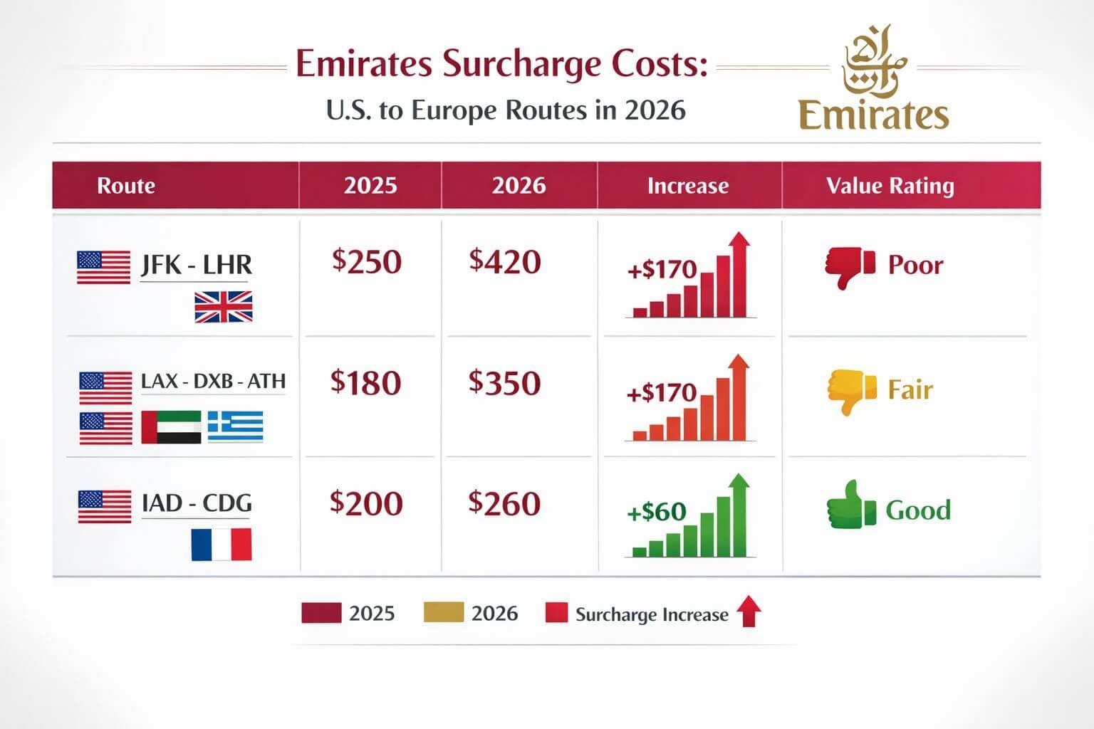 Emirates Surcharges to Europe in 2026: Is First and Business Still Worth It From the U.S.? () detailed infographic-style image showing a comparison table visualization of Emirates surcharge costs across U.S. to