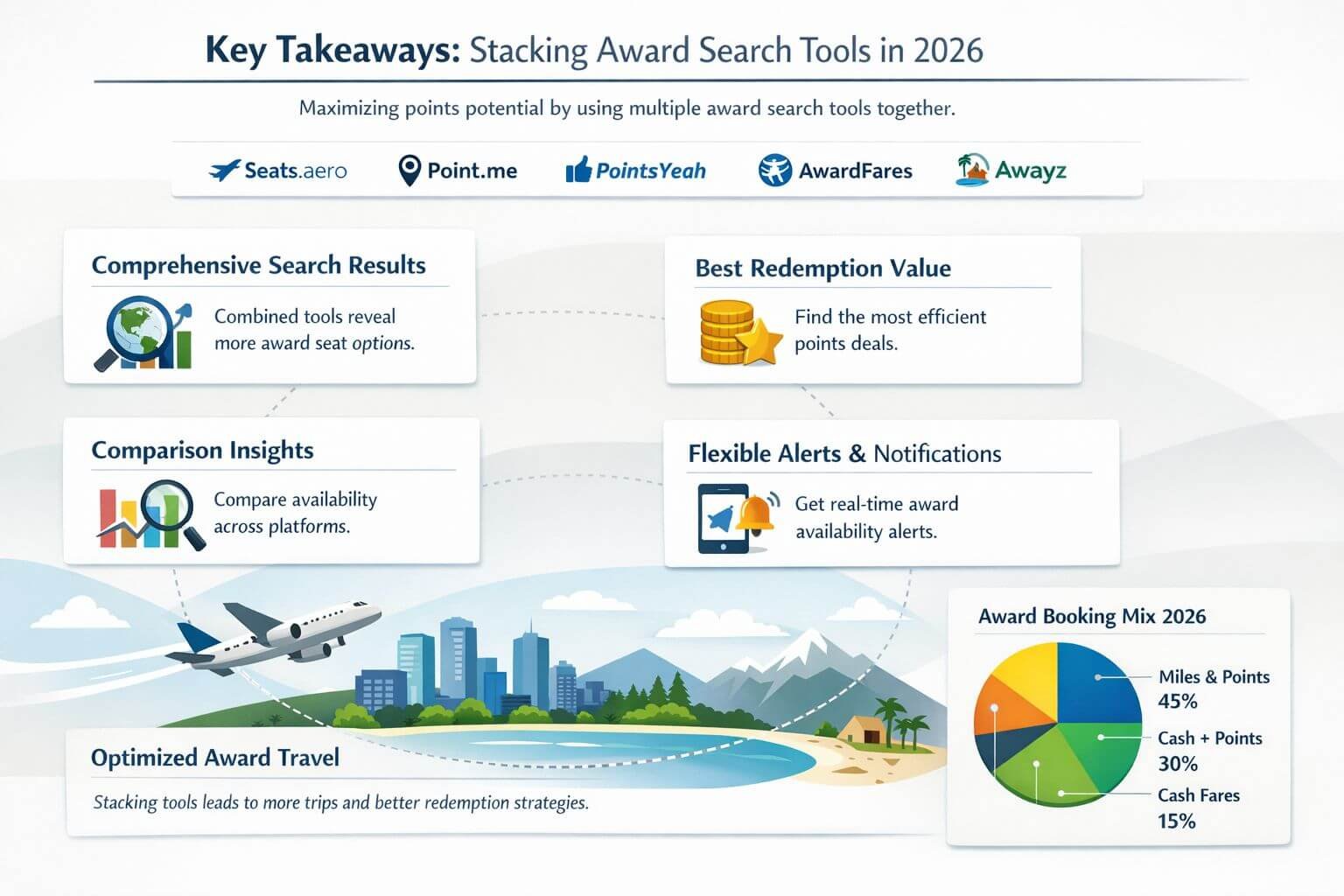 Professional landscape infographic () for article "Stacking award search tools 2026: Seats.aero, Point.me, PointsYeah,