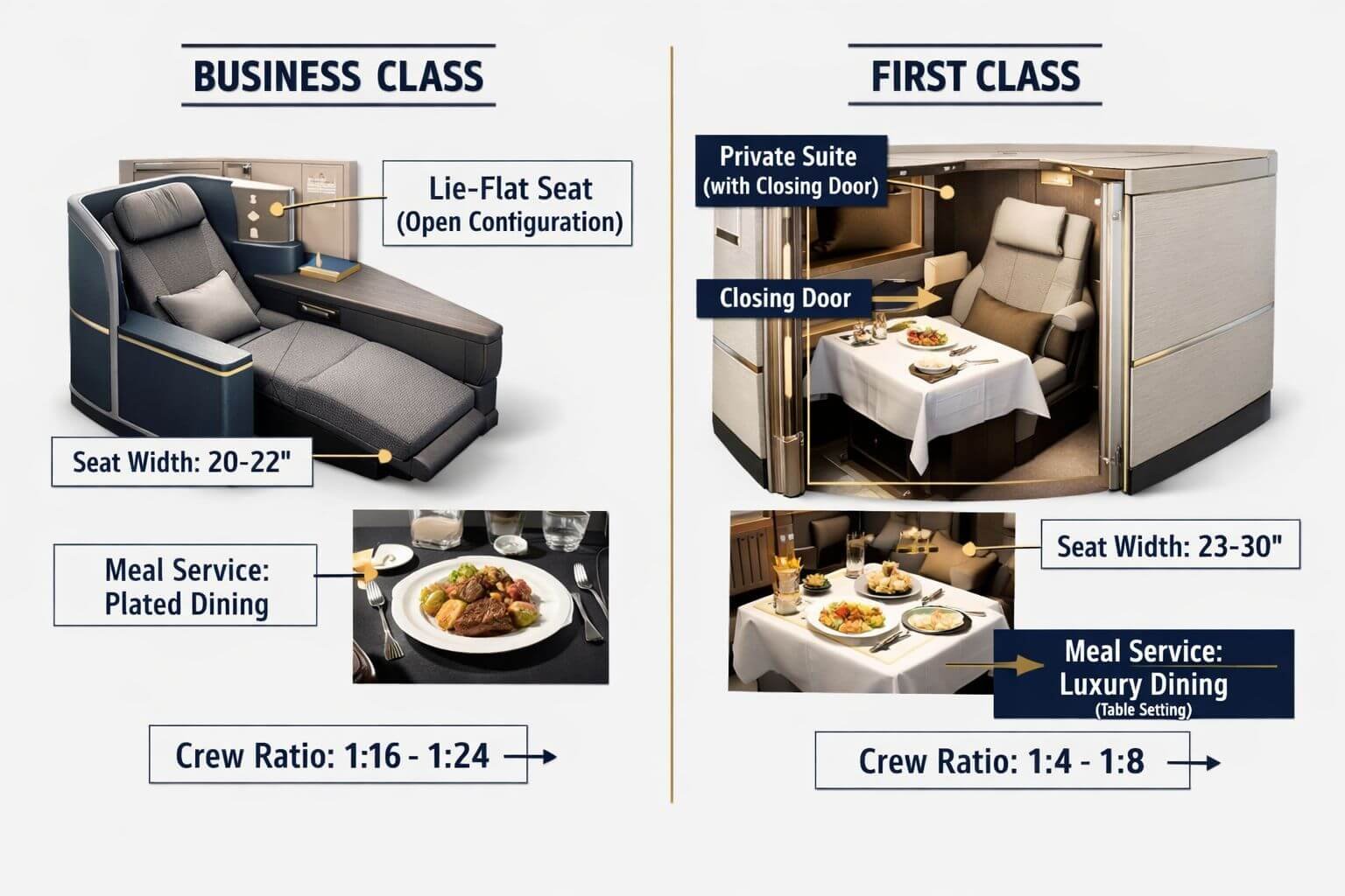 Business Class vs First Class: What's the Difference? Detailed () side-by-side comparison infographic showing business class seat (lie-flat, open configuration, 1-2-1 layout) on