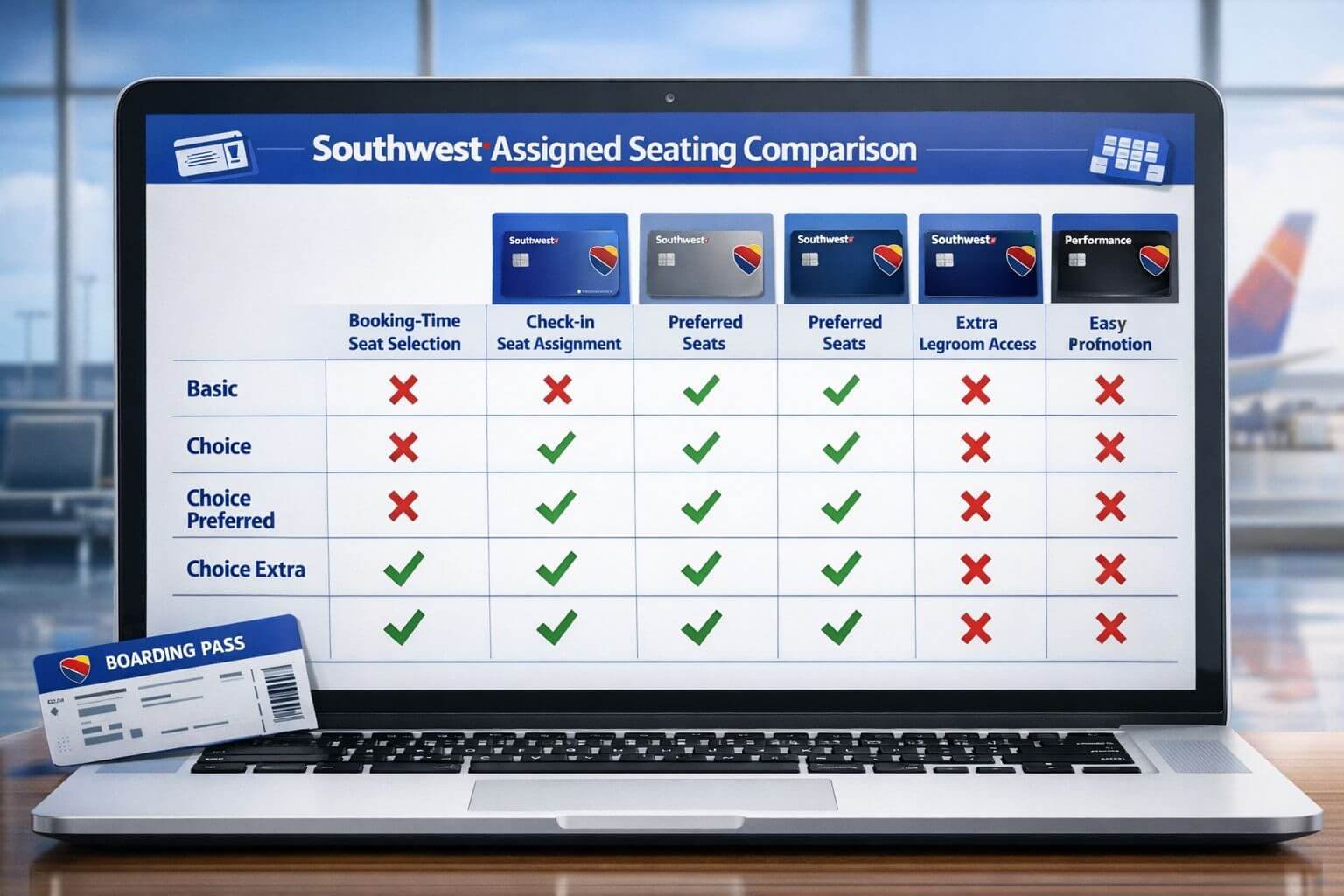 Infographic-style image focused on Southwest assigned seating rules by fare and card tier. Show a clean comparison table on