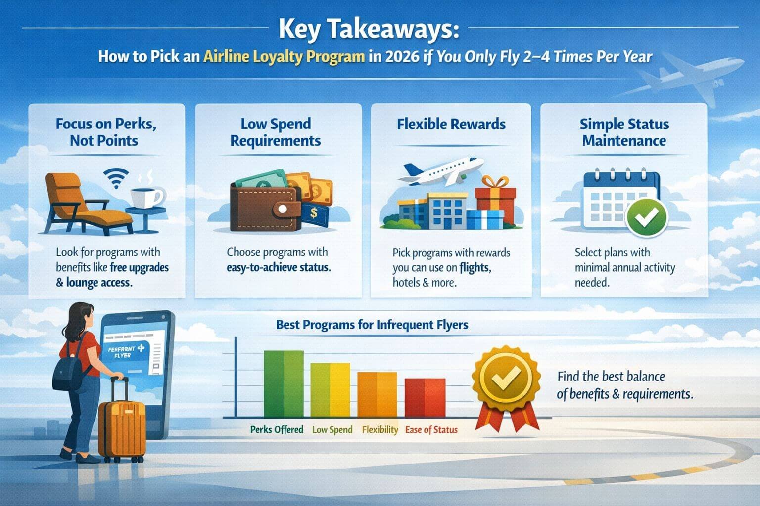 How to Pick an Airline Loyalty Program in 2026 if you only fly 2–4 times per year Professional landscape infographic () for article "Best Airline Loyalty Program for Infrequent Flyers in 2026: A Simple
