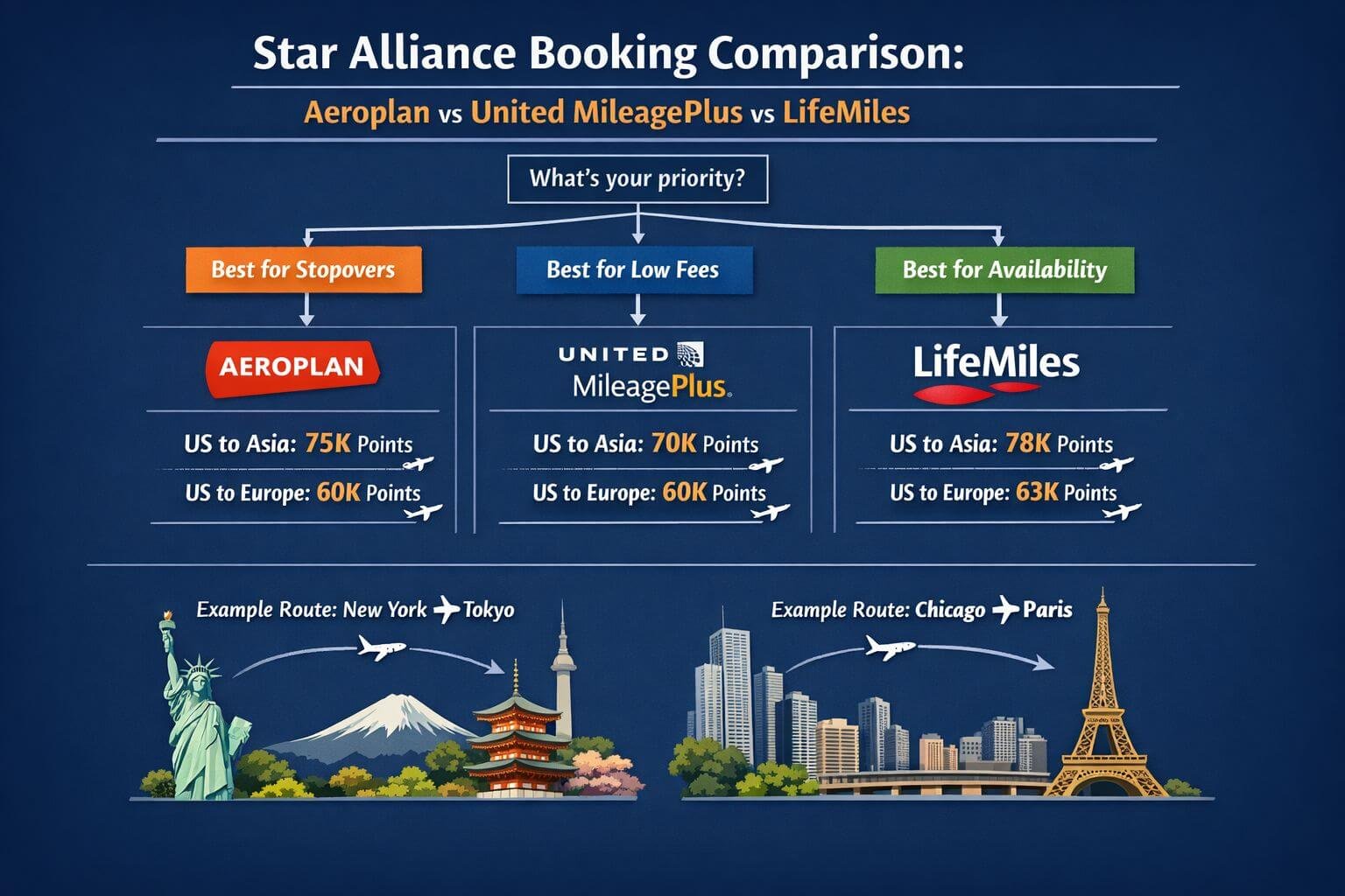 Detailed landscape format (1536x1024) decision framework visual showing a flowchart-style comparison between Aeroplan vs United MileagePlus 
