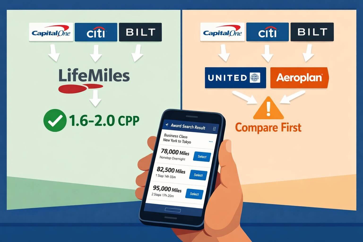 Detailed () conceptual image showing a split-screen decision framework for award booking strategy. Left panel shows Capital