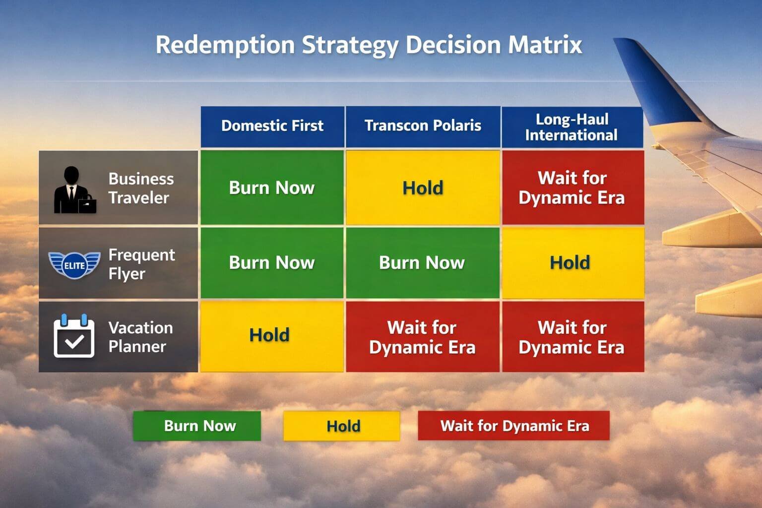 () editorial decision-matrix visualization showing a structured table/grid with traveler profile icons (business traveler