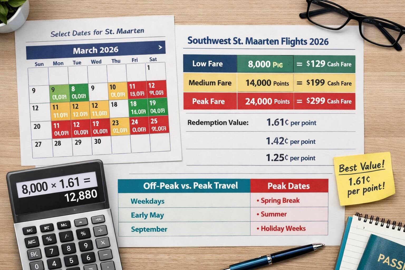 Editorial chart image focused on Southwest St. Maarten flights 2026 points pricing and redemption value. Show a realistic