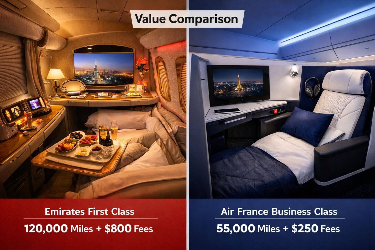 Emirates Surcharges to Europe in 2026: Is First and Business Still Worth It From the U.S.? () split-screen comparison image showing Emirates first class cabin interior on the left side versus Air France business