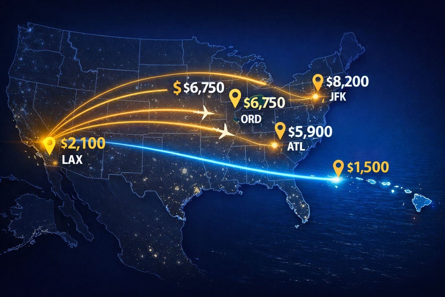 Detailed () image showing a stylized U.S. map with glowing route lines from NYC JFK, Chicago ORD, and Atlanta ATL converging