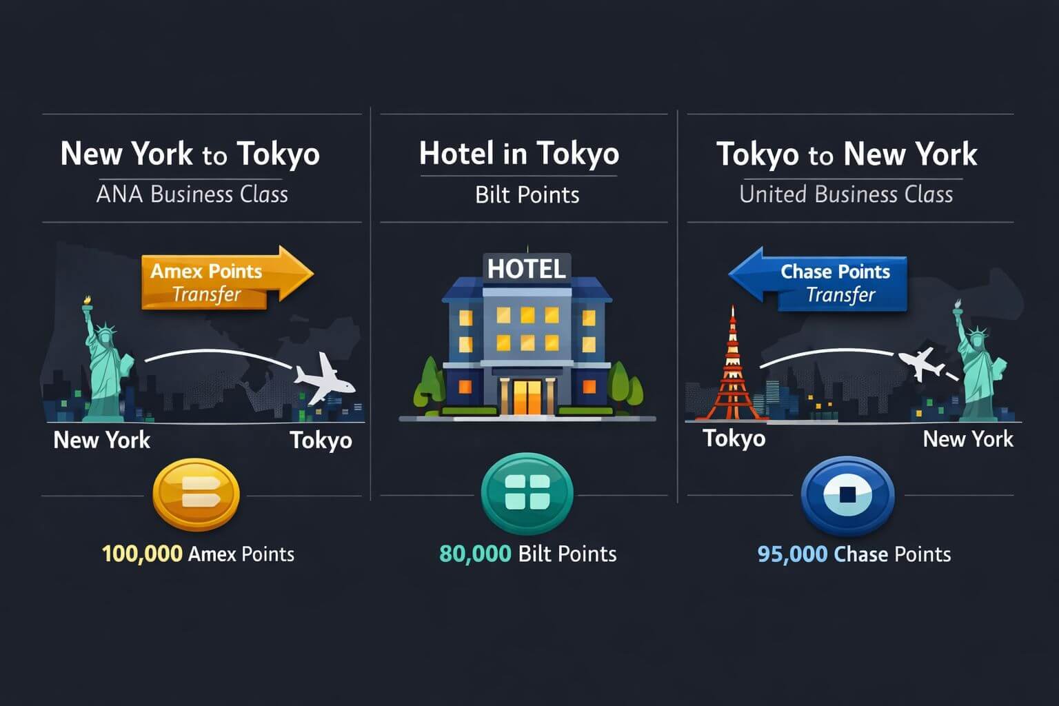 Infographic-style illustration in () showing two parallel booking paths for a couple traveling to Tokyo in business class.