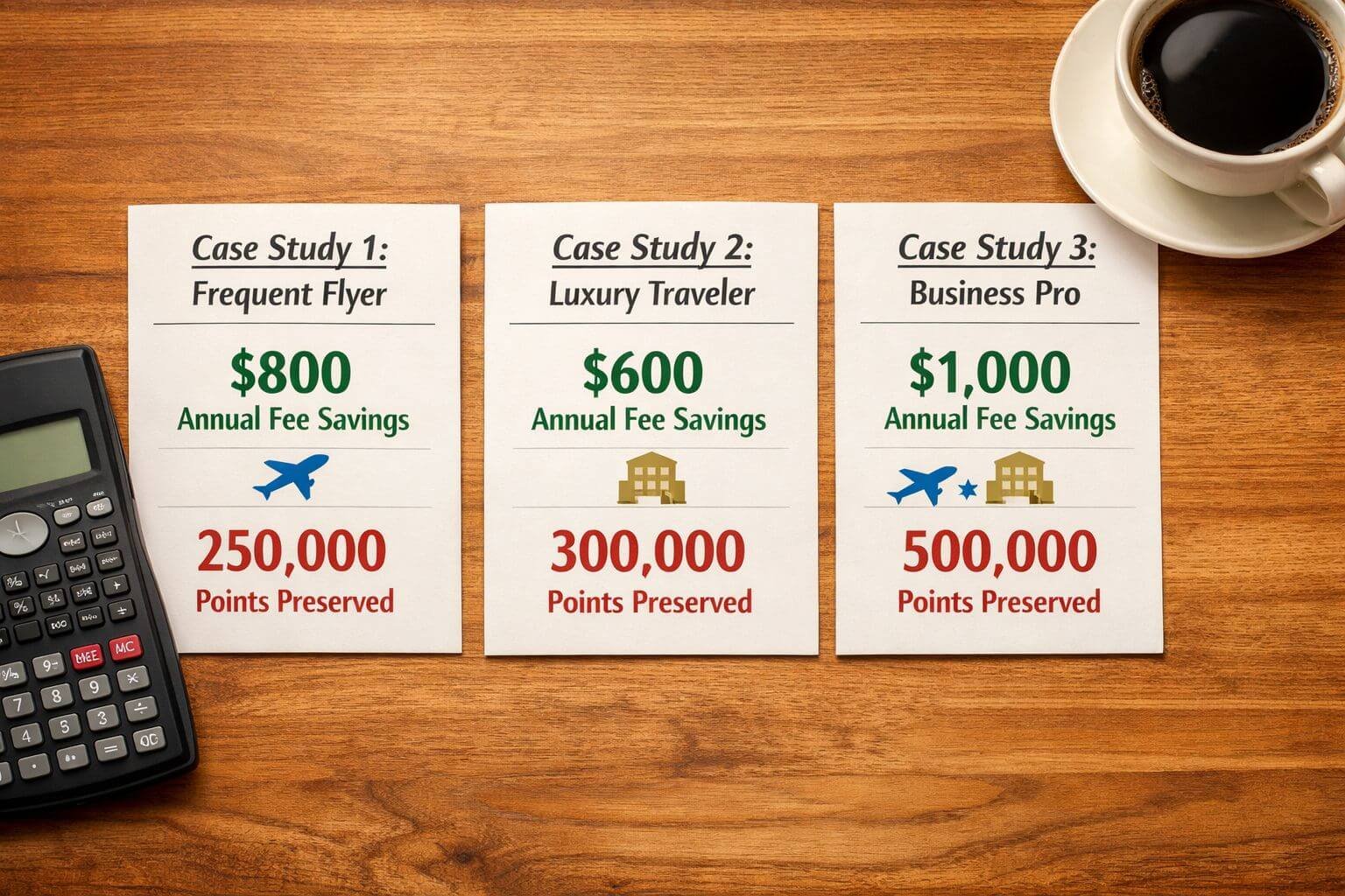Travel credit card downgrade strategies: cut annual fees without killing your points Detailed () image showing three side-by-side case study panels on a warm wooden desk background. Each panel is a white card