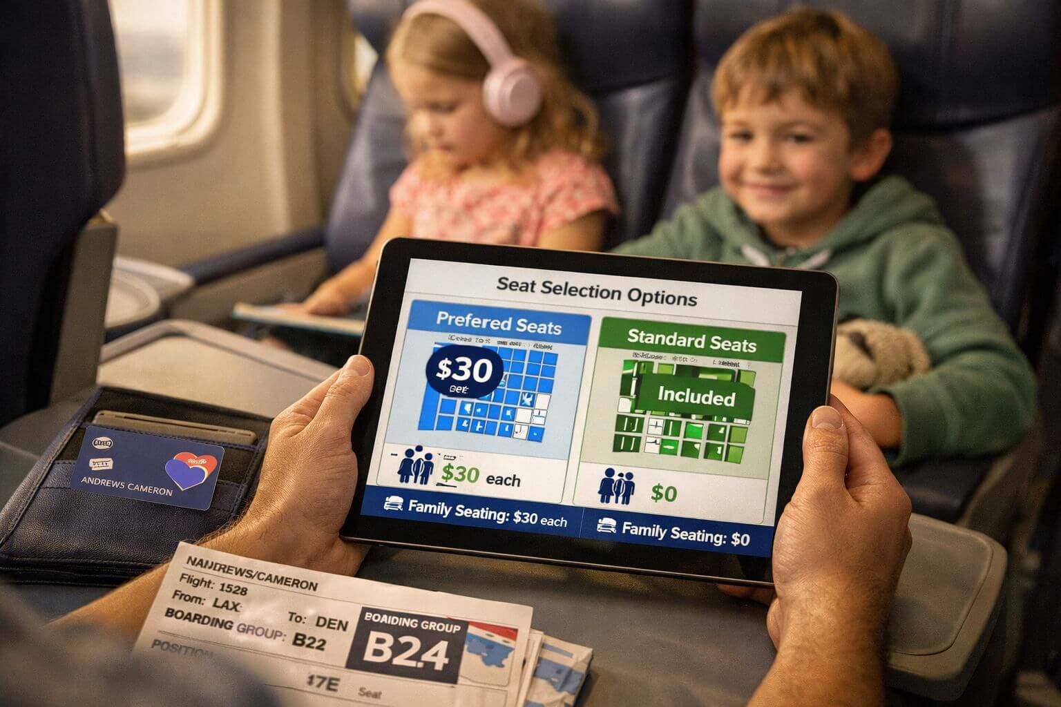 Real-world family travel scene inside an airplane cabin, showing a parent comparing seat selection costs on a tablet while