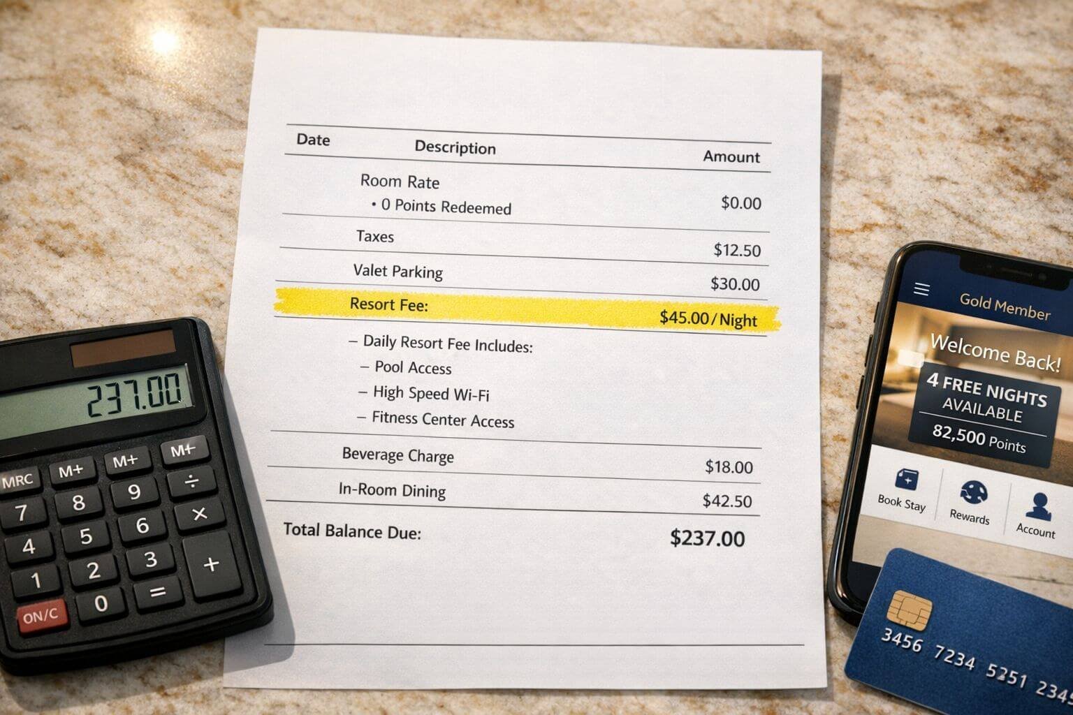 () detailed photograph of actual hotel resort bill printout on marble counter surface, showing itemized charges with resort