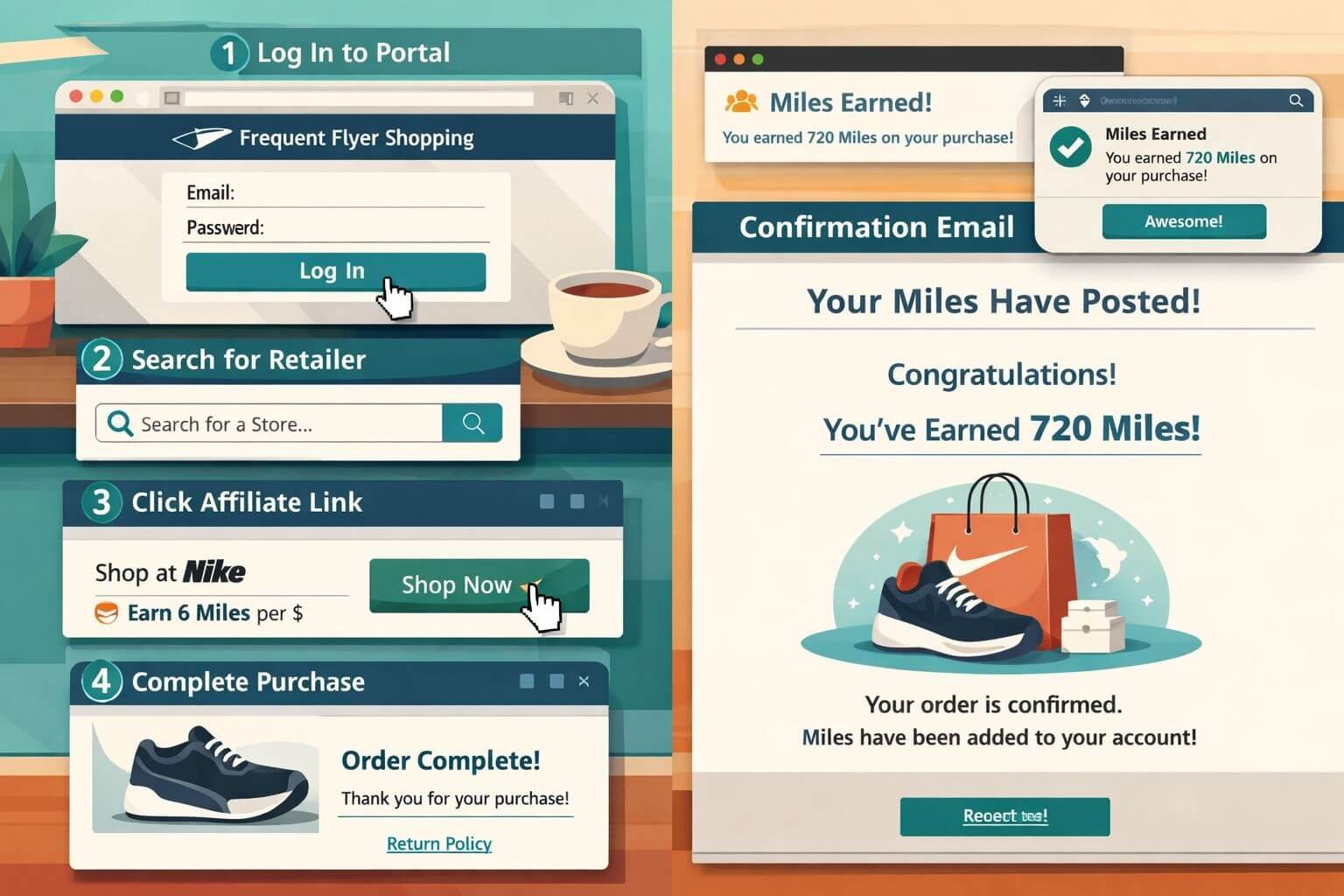 Detailed () step-by-step walkthrough illustration showing a browser window with an airline shopping portal open, cursor