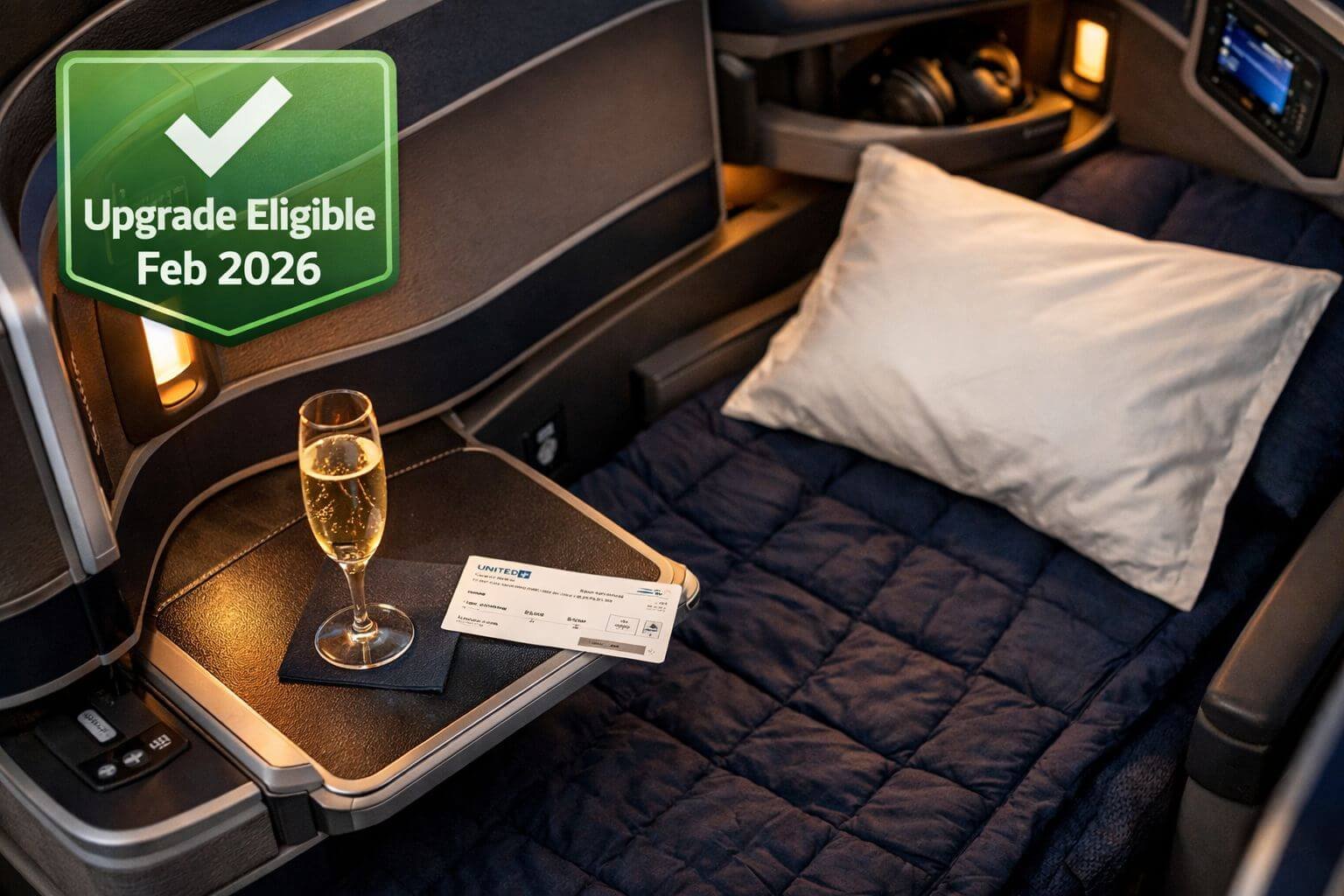 Detailed () image showing a close-up overhead view of a United Polaris business class seat with lie-flat configuration,