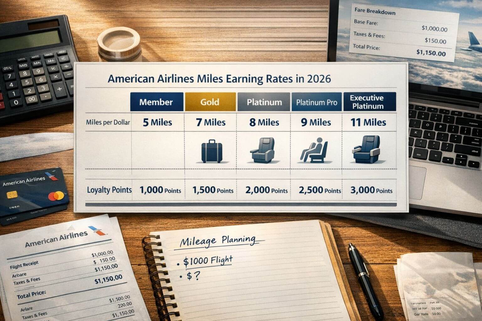 AAdvantage Program Guide 2026: How American Airlines Miles Work Editorial image showing practical earning and status math for American Airlines miles in 2026. A desk scene with calculator,